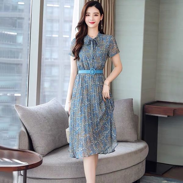 

dresses elegant bow collar short sleeve women pleated female flower printed chiffon summer sashes midi vestidos, Black;gray