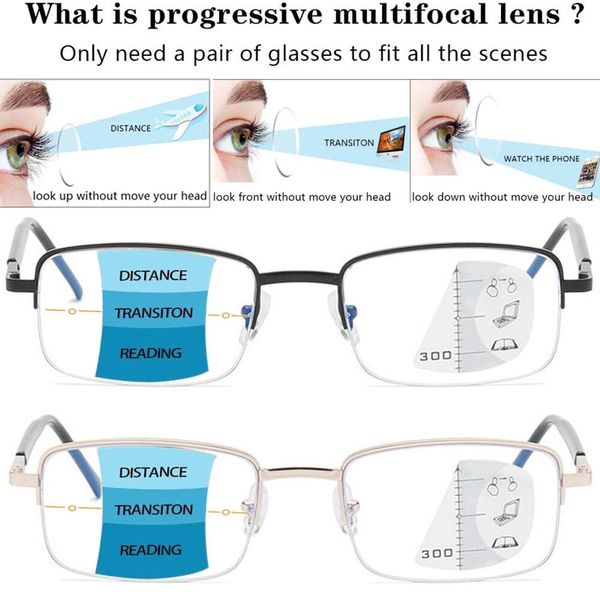 Nenhuma linha progressiva multifocal computador lendo óculos homens mulheres azul lâmpada bloqueando o leitor de ajuste automático Eyewear 1.5