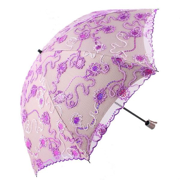 

umbrellas fashion embroidery lace umbrella women outdoor travel rainy and sunny two folding black coating anti-uv parasols 2021
