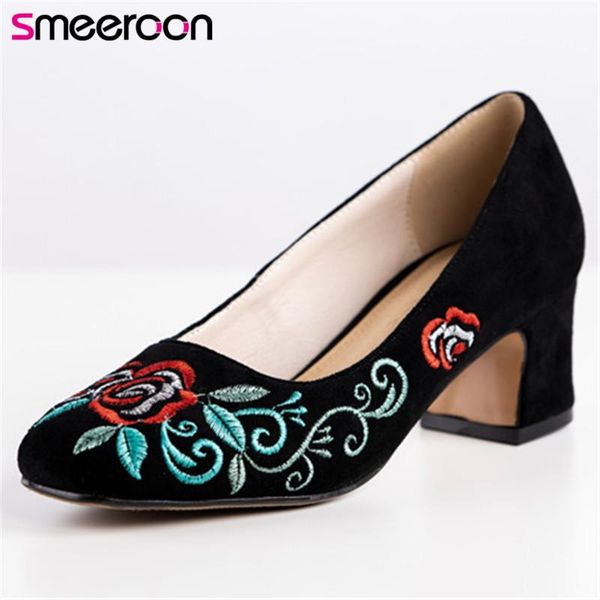 

dress shoes smeeroon 2021 single women pumps flock embroidery ethnic style spring summer square heel ladies big size 43, Black