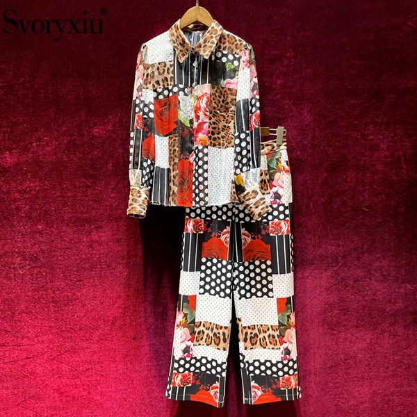 

svoryxiu runway summer office lady pants suit women's fashion long sleeve leopard flower print blouse + 2 piece set two, White