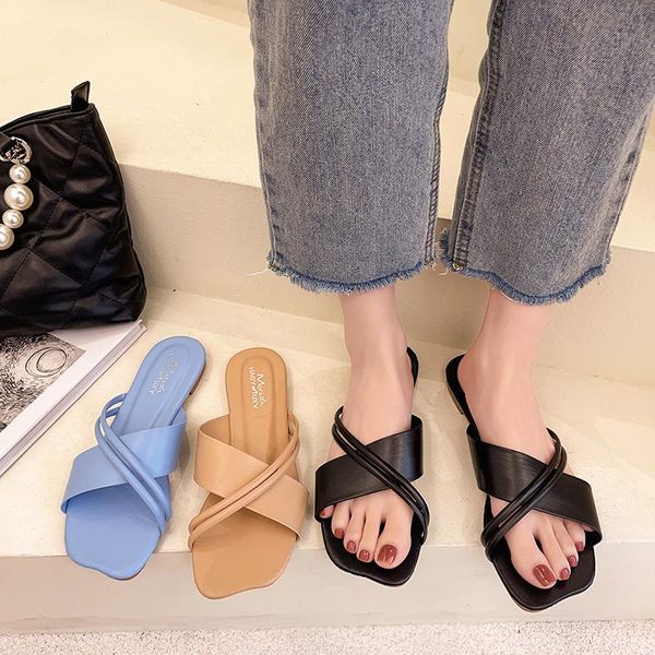 

flat shoes female loafers womens slippers outdoor slides fashion pantofle summer luxury 2021 basic rome pu rubber women, Black