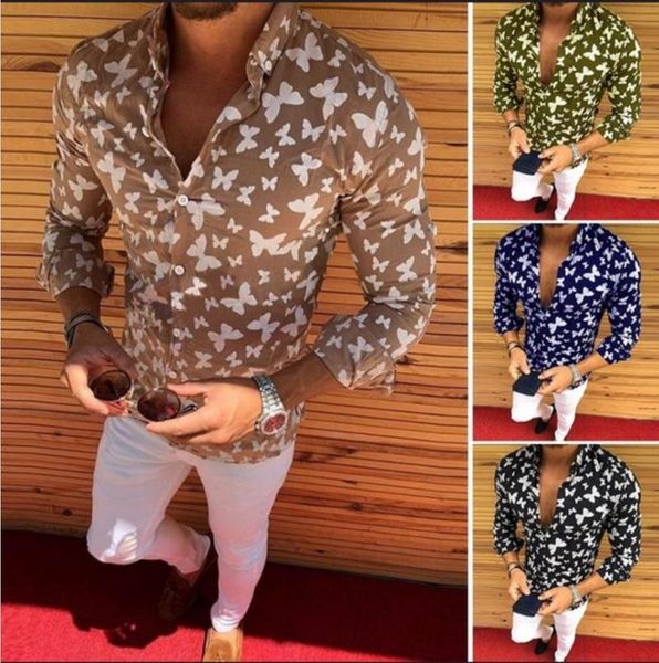 

men's casual shirts fashion trend creative butterfly print long sleeve shirt men, White;black