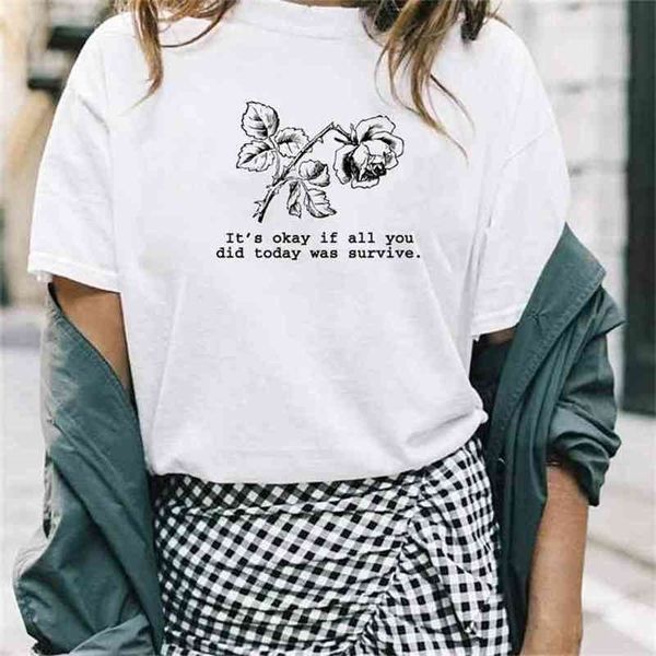 

all you did today was survive rose print t-shirt inspirational quotes casual loose tee floral tshirt cute 210512, White