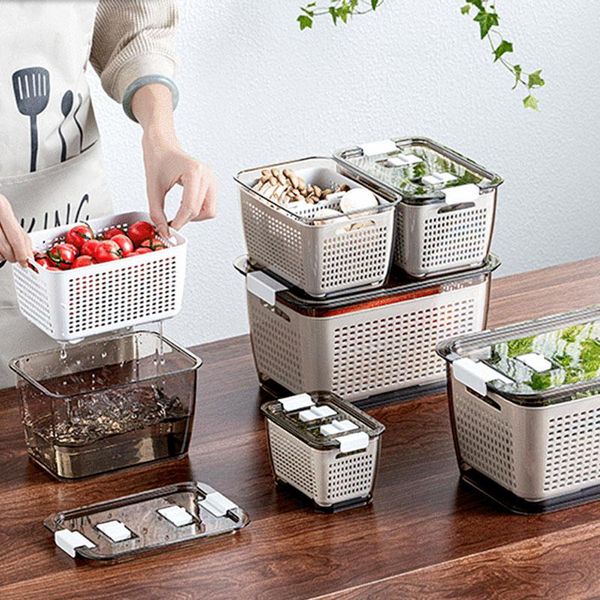 

storage bottles & jars multifunctional organizer plastic fresh-keeping box refrigerator fruit vegetable with lid drain crisper kitchen boxs