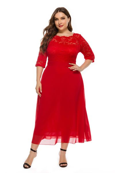 

to 5xl plus size dress women robes lace patchwork chiffon high waist midi party dresses red tsq0158 casual, Black;gray