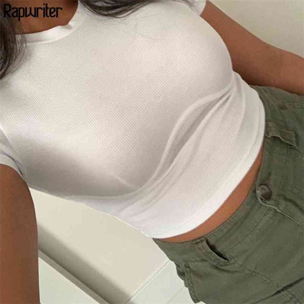 

rapwriter casual ribbed crop basic white t-shirt girl summer streetwear crew neck short sleeve stretch tee feminina 210401