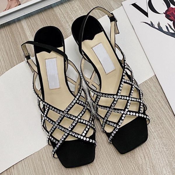 

sandals hollow out woman buckle strap shoes women diamond sliders thin heels solid fashion elegant ladies 2021, Black