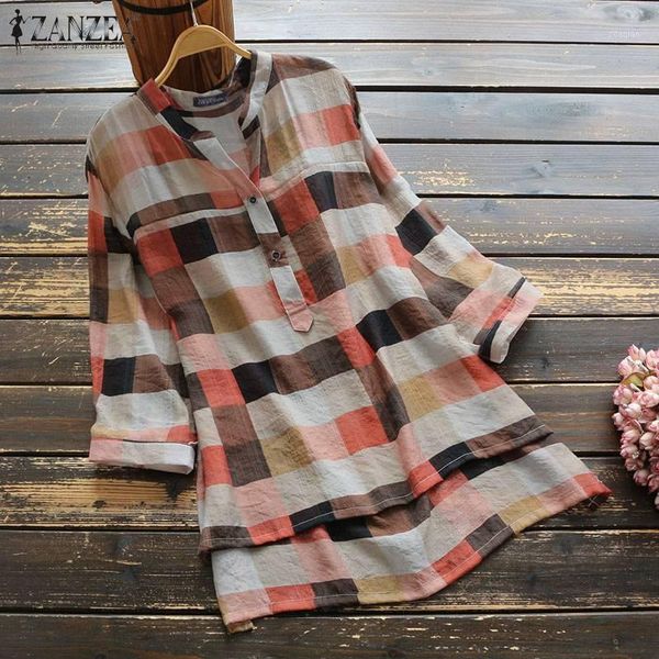 

women vintage shirt 2021 spring high low casual plaid long sleeve tunic female loose o-neck button up blusa plus size women's blouses &, White