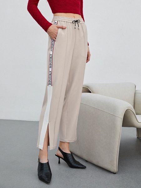 

motf premium letter tape split pants x2yx#, Black;white