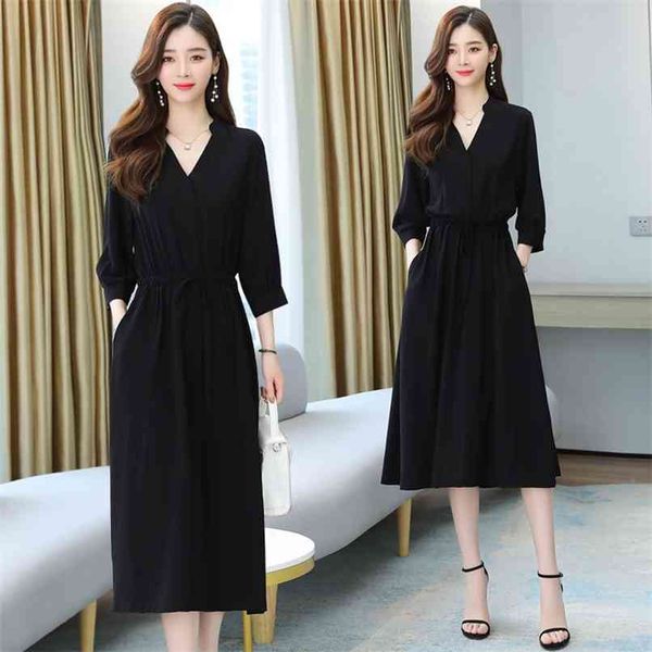 

spring summer solid 3/4 sleeve office lady dress vintage chic black chiffon midi women casual bodycon party vestidos 210528, Black;gray