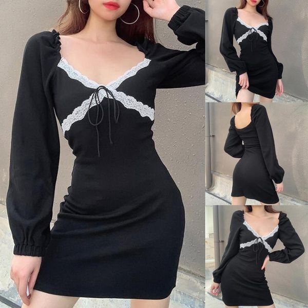 

casual dresses vÃªtements femme womens arrival 2021 pure cotton v-neck bubble shoulder sleeve long lace waist wrap hips dress, Black;gray