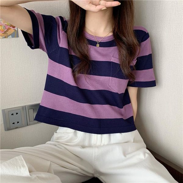 

women's t-shirt female striped o-neck casual crop clothing summer style tees fashion brand korean ladies t shirts hipster, White