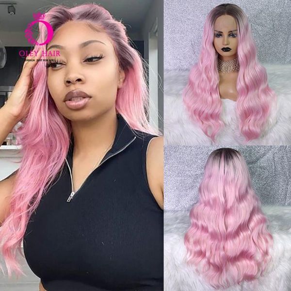 

synthetic wigs light pink wig with brown roots lace front heat resistant loose wave party/cosplay for black women oley