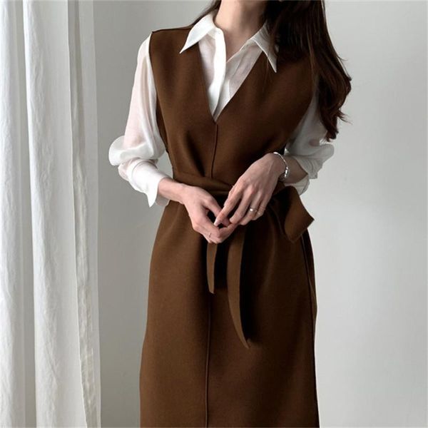 

mazefeng 2021 autumn spring women dresses sashes solid split straight knitting warm sweater elegant office ladies size s-l casual, Black;gray