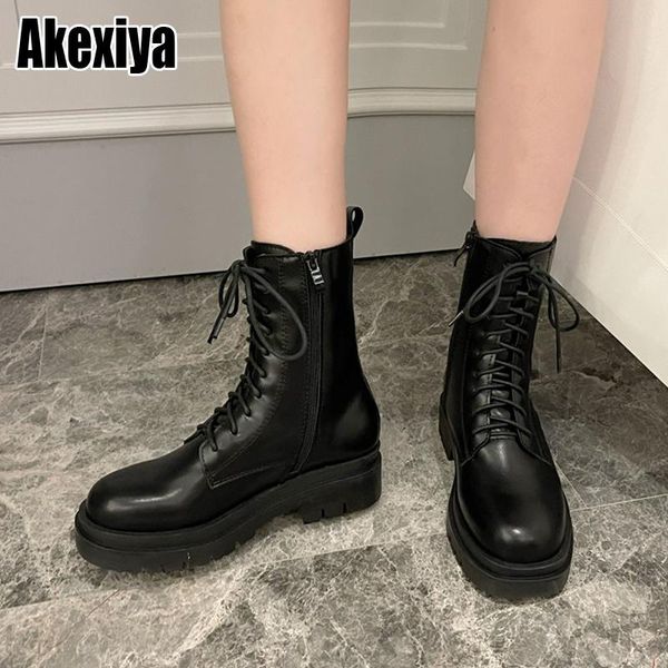 

boots leather ankle women lining sole ladies round chunky lace-up winter female platform shoes bc1941, Black