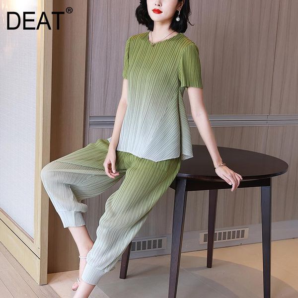 

women's two piece pants deat woman pleated suit gradient short sleeve elastic t shirt + mid waist harem loose causal style 2021 summer, White