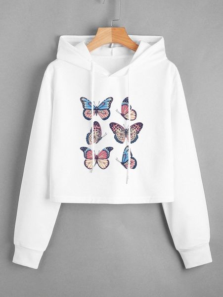 

butterfly print drawstring crop hoodie e0t5#, White;black
