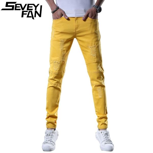 

men's jeans seveyfan skinny embroidery ripped candy colors patchwork slim pencil denim pants trousers, Blue