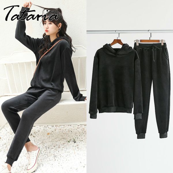 

autumn winter 2 piece set women hoodie velvet tracksuit long sleeve sweatshirt trousers suit sport pullover two 210514, Black;white