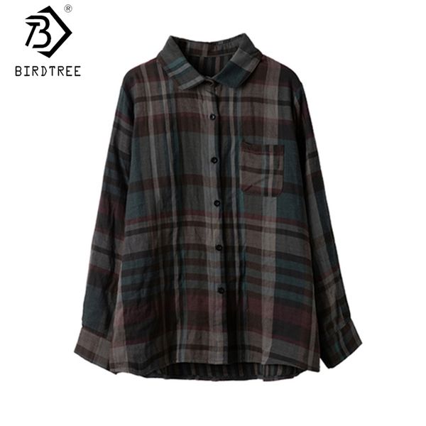 

fall loose women shirts turn-down collar single breasted oversize blouses ladies plaid autumn t09910k 210419, White