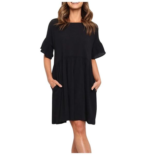 

casual dresses fairy monroe nightdress solid color ruffle elegant pocket dress women boho knee length for 2021 robe Ã©tÃ©, Black;gray