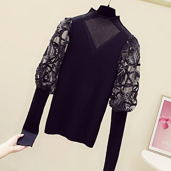 

women's sweaters korean style sweater women lantern sleeve slim turtleneck black lace patchwork knitting pullover jumper pull femme hiv, White;black