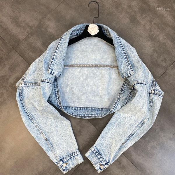 

women's jackets fabpop 2021 autumn long batwing sleeve turn down collar light blue denim jacket women overalls vintage coat gc076, Black;brown