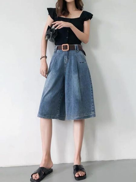

women's jeans spring/summer five minutes wide leg pants show slim bf wind skirt versatile trousers seven, Blue