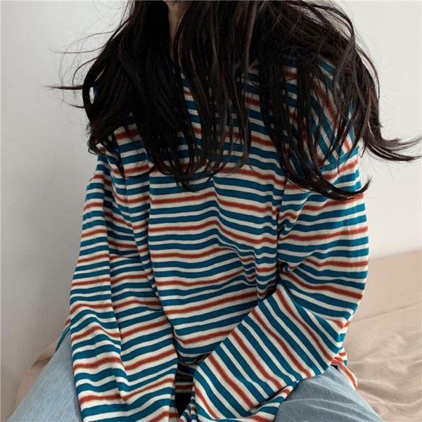 

women's t-shirt spring and autumn couples striped long-sleeved korean version of the bottoming shirt students loose, White