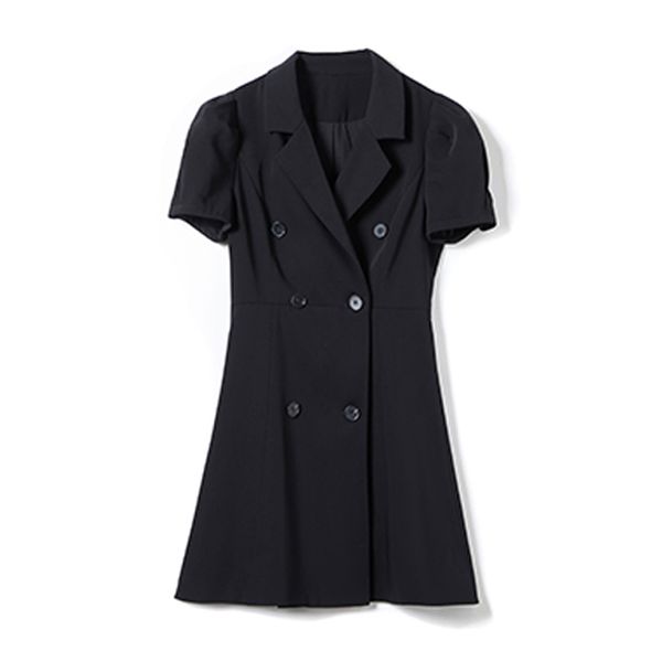 Mulheres Manga Curta Vestido Império Mini Verão Dupla Breasted Notch Collar Preto Cinza D 210514