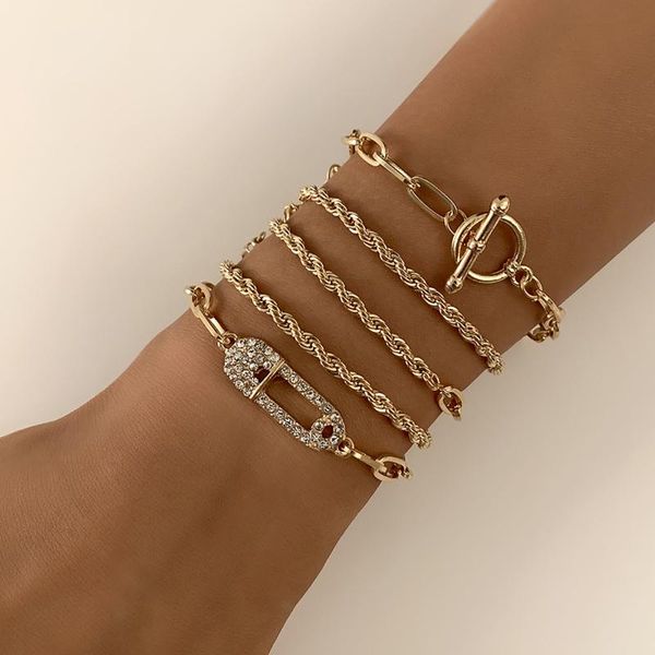 

link, chain 5 pcs/set rhinestone paper clip bangle bracelet for women 2021 fashion trendy circle stick metal charm bracelets wholesale, Black