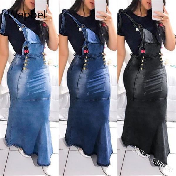 

women casual plus size denim skirts package hip long suspender high waist pencil strap skirt bottom, Black