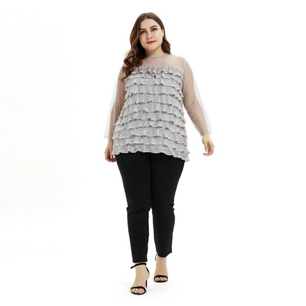 

plus size t-shirt lace mesh ruffles blouse large women 2021 autumn see through tunics patchwork o neck clothing, Black