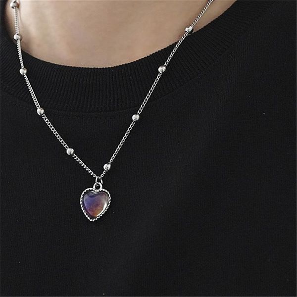 

pendant necklaces vintage constant temperature changing color love heart for women metal round bead chain necklace gifts, Silver