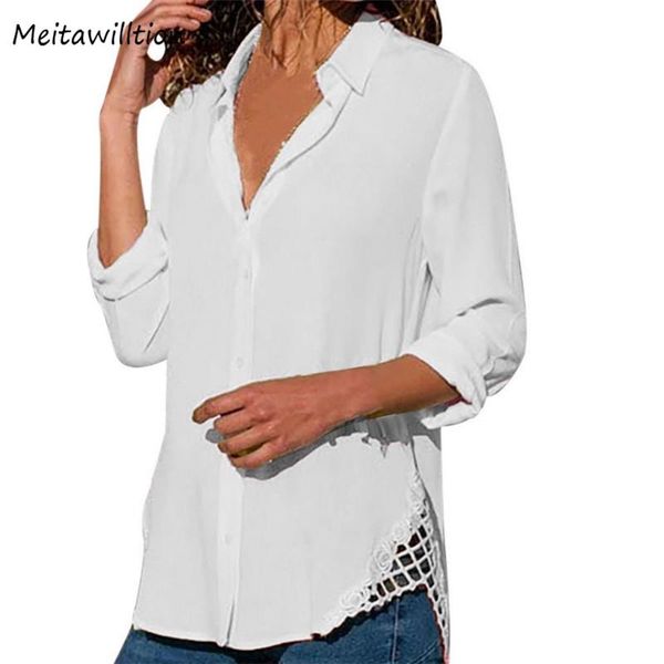 

womens chiffon blouses 2021 autumn long sleeve solid v-neck office blouse vintage irregular splice shirts plus size women's &, White