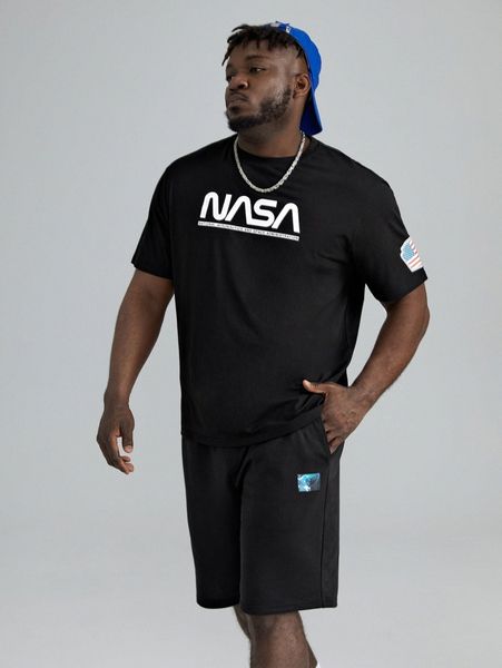 

extended sizes men letter graphic american flag patch tee & shorts w09e#, Gray