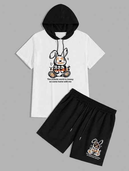 

romwe guys slogan cartoon graphic drawstring tee & shorts o5fk#, Gray