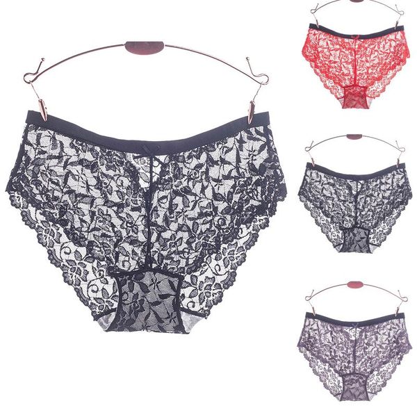 

women's panties mid-waist lace cotton comfortable and breathable underwear plus size lingerie for women, Black;pink