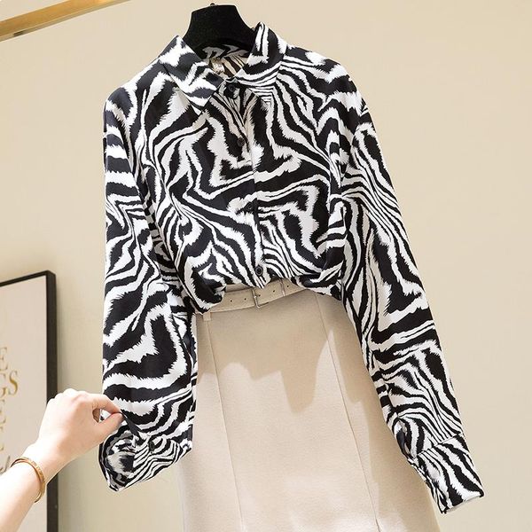 

women's blouses & shirts zebra chiffon women summer 2021 turn-down collar long-sleeved slim elegant office lady outwear, White