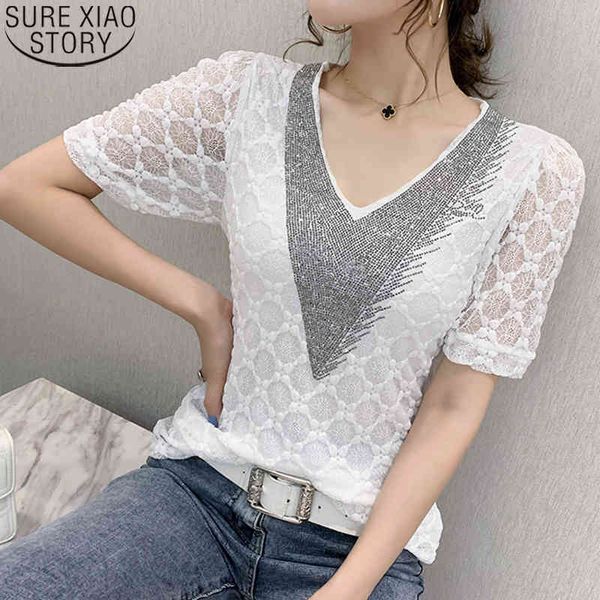 Mulheres Verão Moda Europeia Diamante Laço Branco Camisas Casuais Cabecimentos Curtos Curtos Blusas Puff Suff Tops 9630 210417