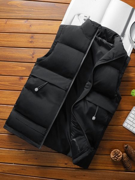 

men solid zip up vest puffer jacket l474#, Black;brown