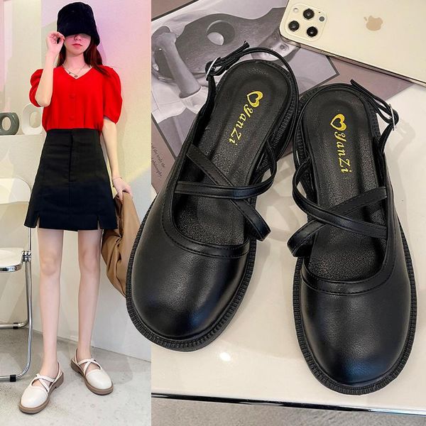 

sandals round toe beige heeled low-heeled shoes with strap slip-on loafers summer women's shallow mouth mary jane black low-heel