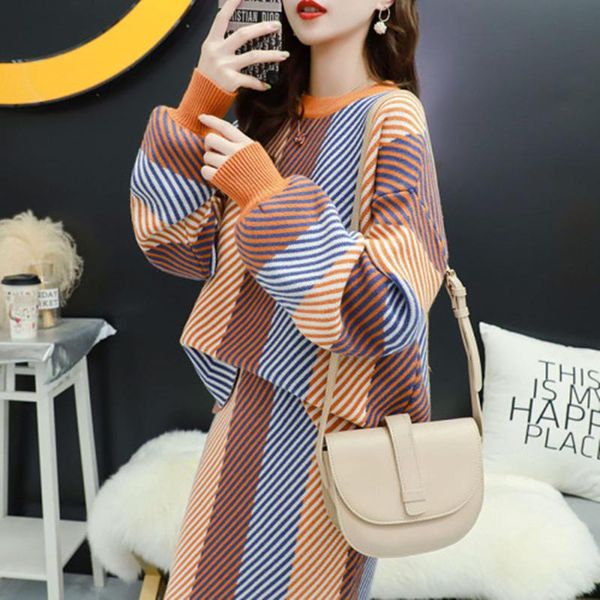

two piece dress 2 pieces set women skirt sets autumn lantern sleeve colorful striped wool sweater suits female knitted outfits, White