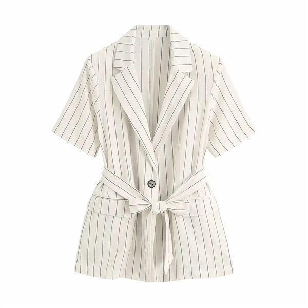 

women casual striped long blazer with blet female summer fashion short sleeve single button jacket outwear blazers 210421, White;black