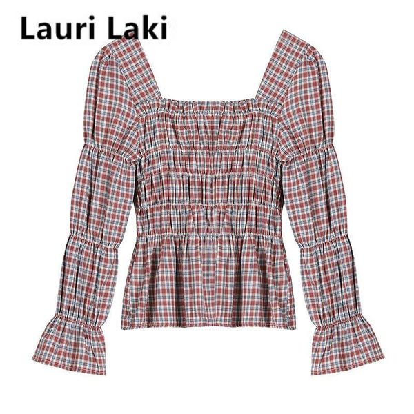 

women's blouses & shirts lauri laki plaid flare sleeve blouse women elegant red lattice square collar plus size vintage blousa 2021, White