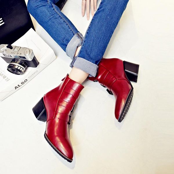 

boots autumn and winter fanggen short pointe buckle punk large women's womens shoes, Black