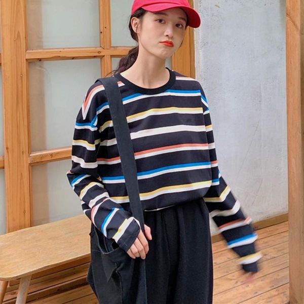 

women's t-shirt women t-shirts striped o-neck all-match students tee casual, White