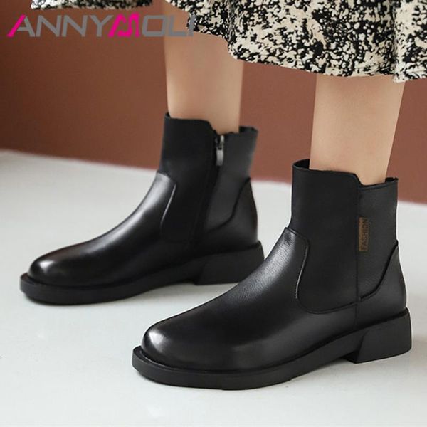 

boots annymoli natural genuine leather women mid heel short zip block heels shoes lady ankle autumn winter black 41
