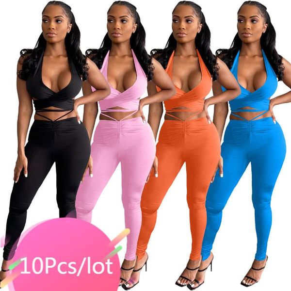 

women's two piece pants wholesale items in bulk set women solid halter backless crop bandage sports summer tracksuit home suits, White